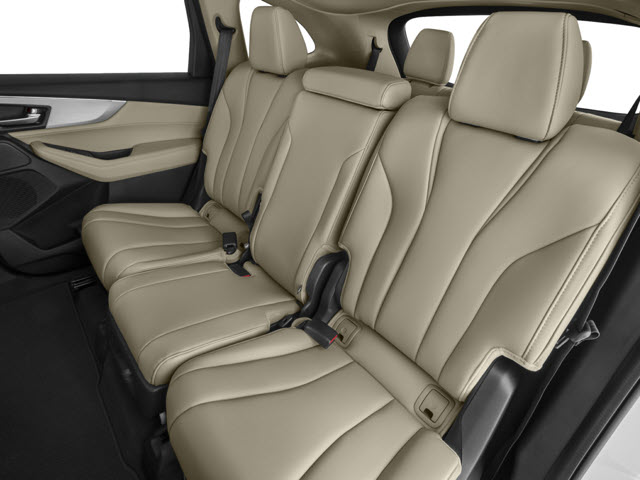 Tan leather backseat with three seats and seatbelts in a modern 2026 Acura MDX SUV interior.