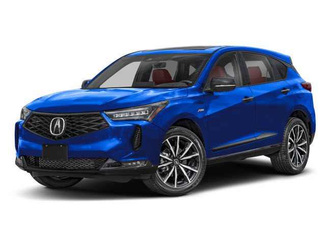 A shiny blue 2026 Acura RDX SUV with a sleek design and red leather interior.