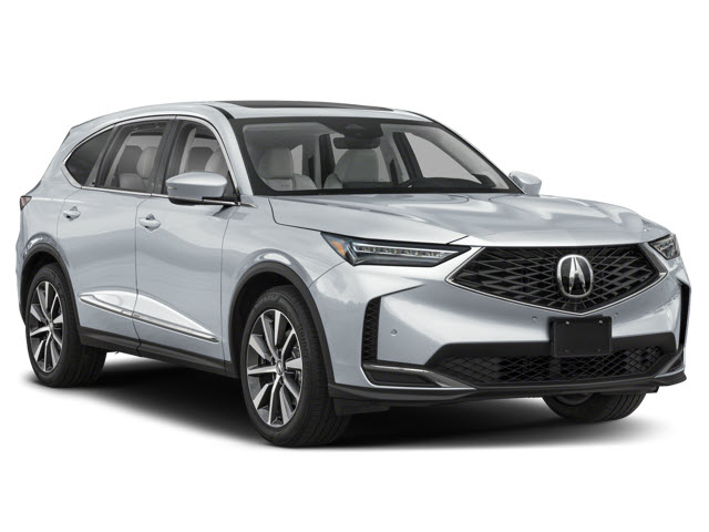 A silver 2026 Acura MDX SUV parked with a sleek design, large wheels, and modern features.