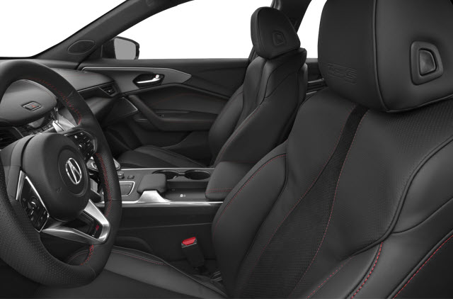 Interior of a sleek 2025 Acura TLX car with black leather seats and red stitching.
