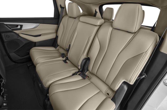 Light beige leather seats in the back of a 2026 Acura MDX with three seatbelts.