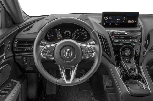 Interior view of a modern 2026 Acura RDX dashboard, showing a steering wheel, panel with gauges, and multimedia display.